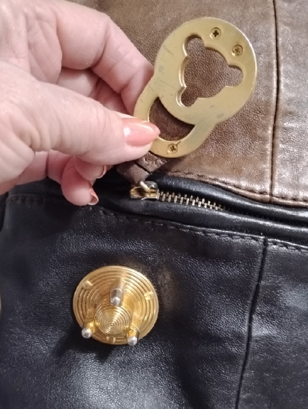 STEVE MADDEN RARE LEATHER VINTAGE Brown & Black Satchel! Brass Turn Lock Clasp - Picture 6 of 14